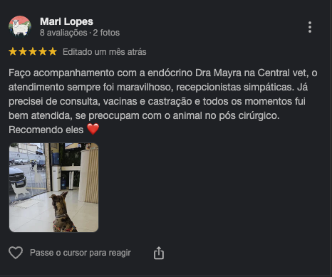 Avaliação de Mari Lopes no Google sobre acompanhamento, vacinas e castração